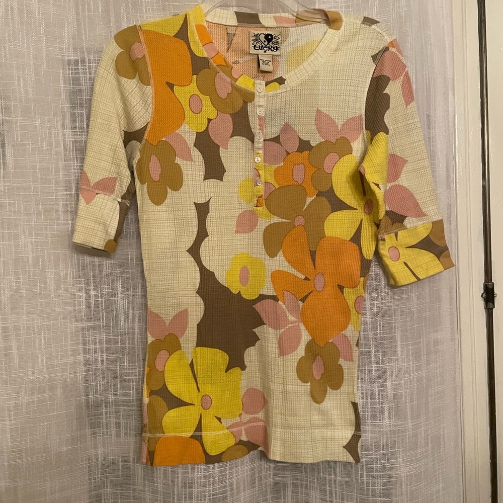 Lucky Brand Vintage Floral Short Sleeve Top - Yellow, Pink, and Brown